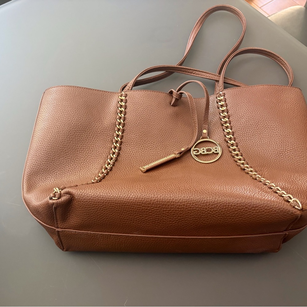BCBG Brown Pebbled Leather Tote with Gold Chain Trim - Picture 4 of 4